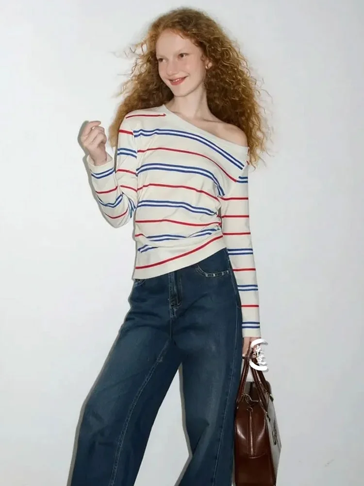 

Модная универсальная футболка ZhuoZhi с цветными полосками и открытыми плечами, осенняя новинка, для повседневной носки, с длинным рукавом, круглый вырез