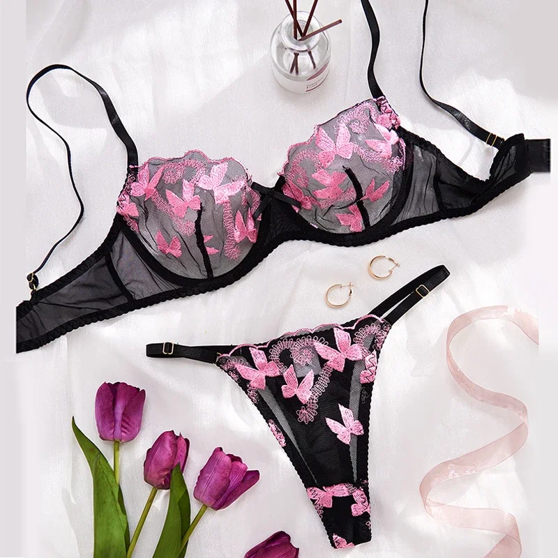 

Sexy Bras for Women Thin Lingerie Set Fancy Erotic Lingerie Transparent Mesh Underwear Delicate Embroidery Bra and Underwear Set