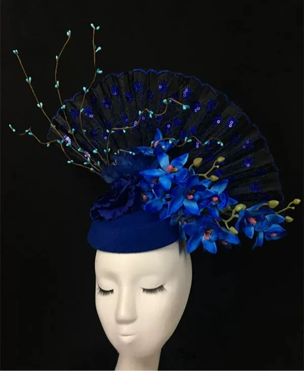 Chinese Style Blue Headwear Fashion Show Stage Performance Exaggerated Fan Photography Creative Makeup Styling Headwear