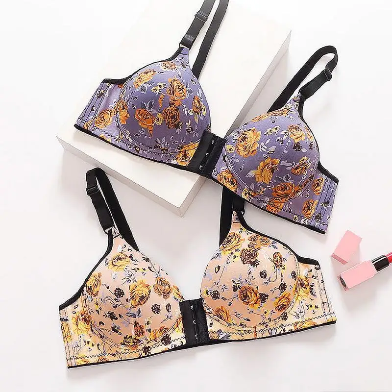 Push Up Bra Front Closure Sexy Sports Bra For Women Underwear Wireless Bralette Female Gather Floral Brassiere Top Plus Size