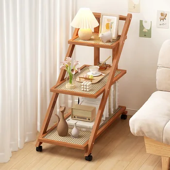 Image Bedside Table Adjustable End Table with Wheels Mobile Snack Side End Table with 3-Tier Shelves for Living Room Bedroom