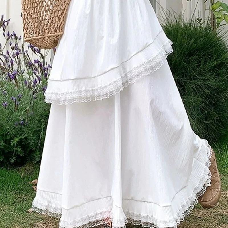 

Асимметричная юбка с высокой талией и кружевом в стиле пэчворк 2025, большая эластичная длинная юбка с драпировкой, для похудения, с рюшами