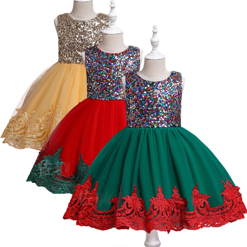 

Red Green Contrasting Color Sequin Tulle Lace Christmas Ceremony Dress Sleeveless Knee-length Costume With Bow for 1-14Y Kids