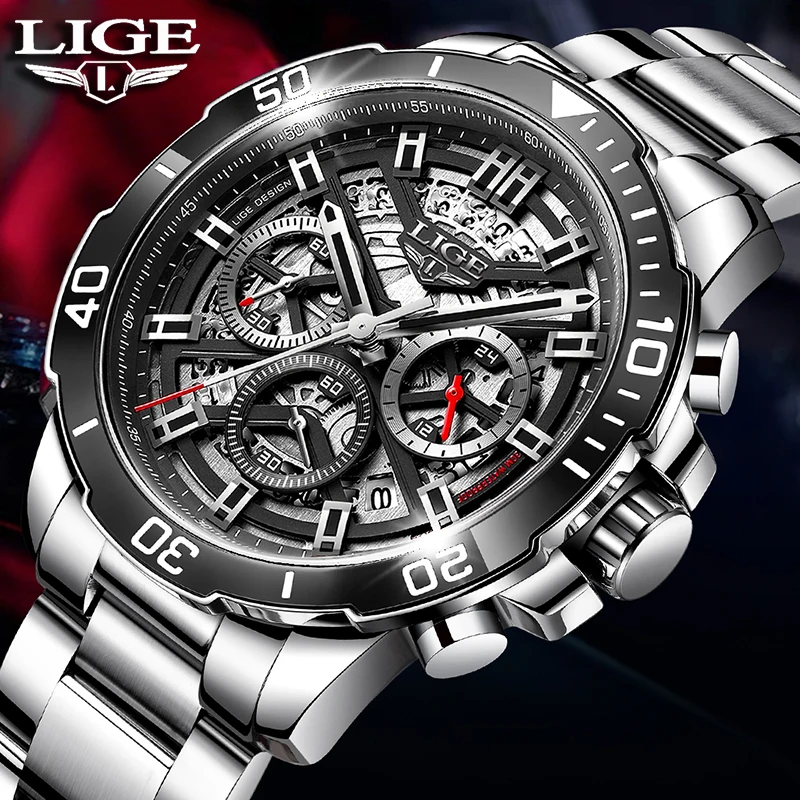 

LIGE New Creative Hollow Design Watch Men Fashion Business Military Watches For Men Sport Waterproof Chronograph Montre Homme