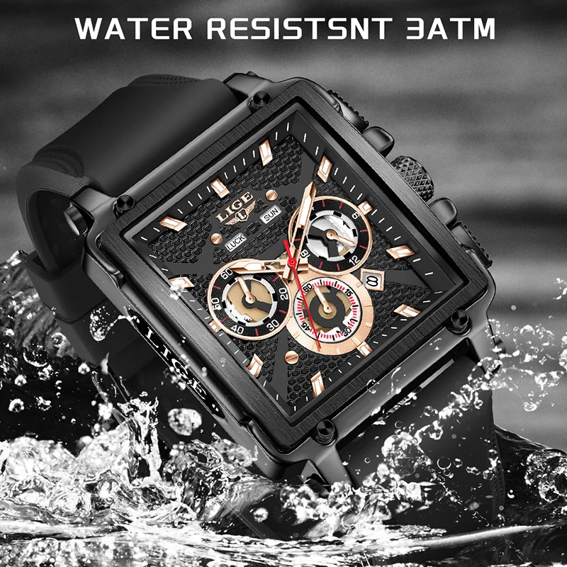 LIGE Casual Quartz Wristwatch Fashion Square Waterproof Men's Watches Outdoor Sports Silicone Strap Luminous Clock Montre Homme