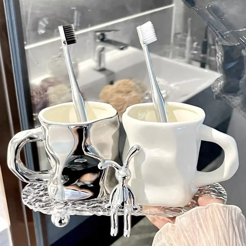 High-grade Ceramic Toothbrush Cup Couple Set Electric Silver Wash Cup with Glass Tray Rabbit Decoration Bathroom Accessories New