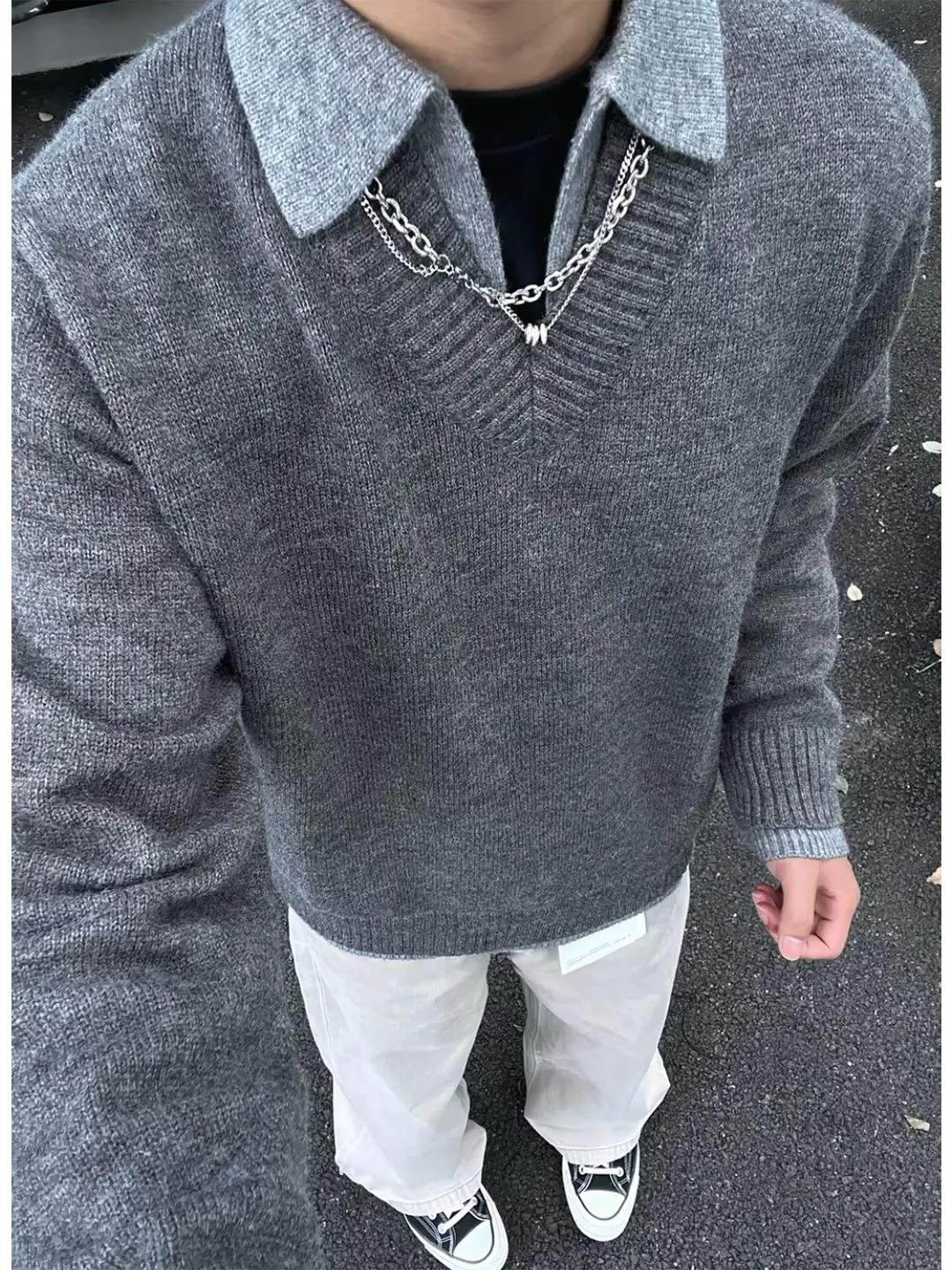 

American Retro Sle Loose Fit Knit Sweater Fake Two-Piece Design Casual Long Sve irt for Men And Women Autumn Winter