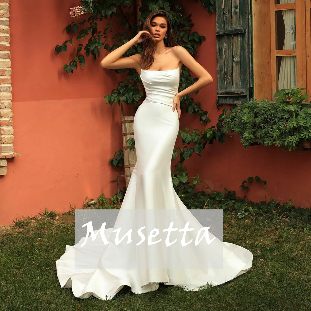 

Musetta Simple Strapless Mermaid Satin Wedding Dress Sleeveless Backless Bridal Gowns Court Train Civil Vestidos De Novia