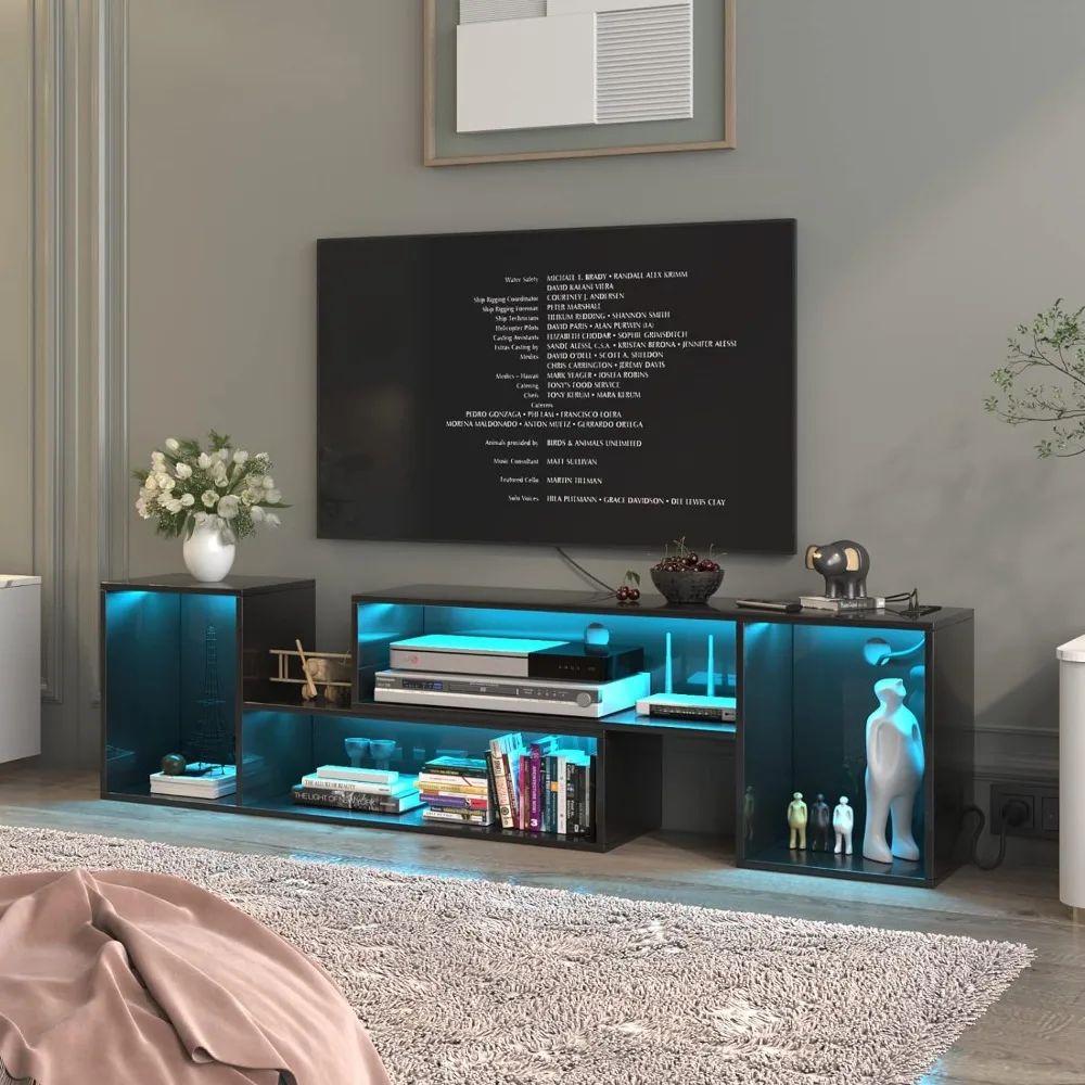 

TV Stand, Deformable TV Stand with LED Strip & Power Outlets, Modern Entertainment Center for 45/50/55/60/65/70 inch TVs