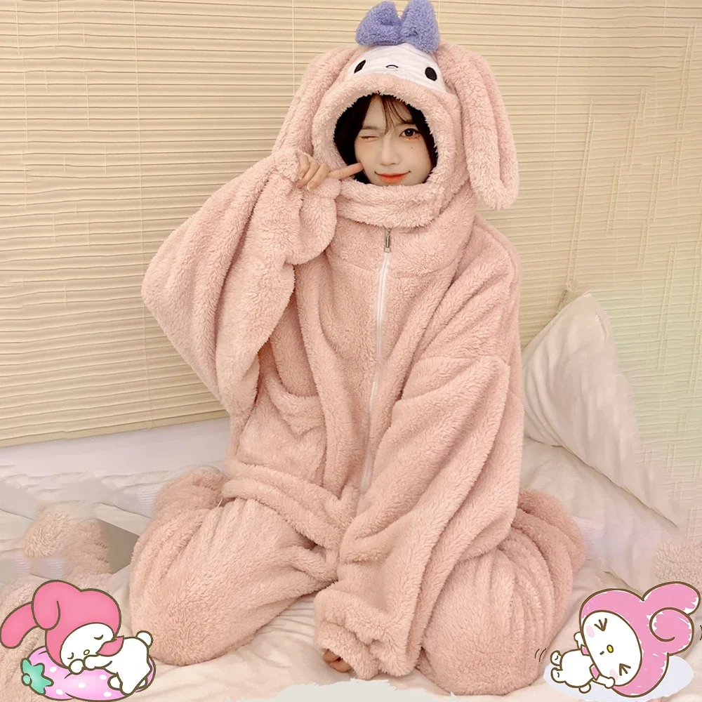 Sanrio Kawaii Kuromi Cinnamoroll Plush Pajamas Suit Anime My Melody Thickened Women Nightgown Winter Warm Homewear Tops Pants