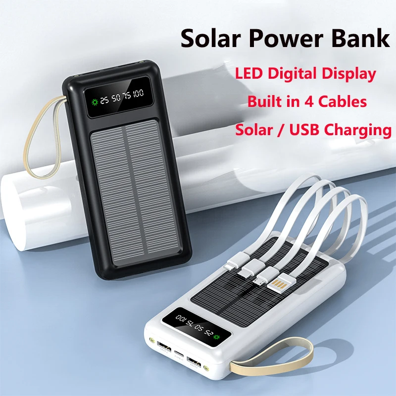 Solar Power Bank 30000mAh สายเคเบิลในตัวเครื่องชาร์จแบบพกพา Powerbank สําหรับ iPhone Samsung Huawei Xiaomi ชุดแบตเตอรี่สํารองภายนอก