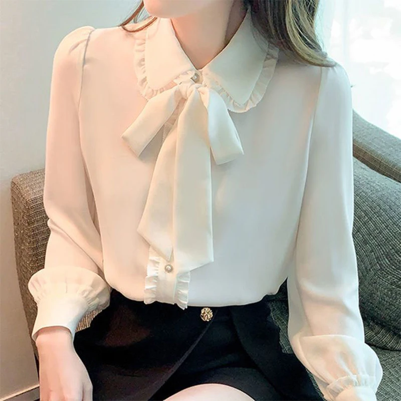 Spring Summer Elegant Fashion White Bow Shirt Women\'s Temperament Button Up Top Ladies Long Sleeve Chiffon Blouse Femme Cardigan