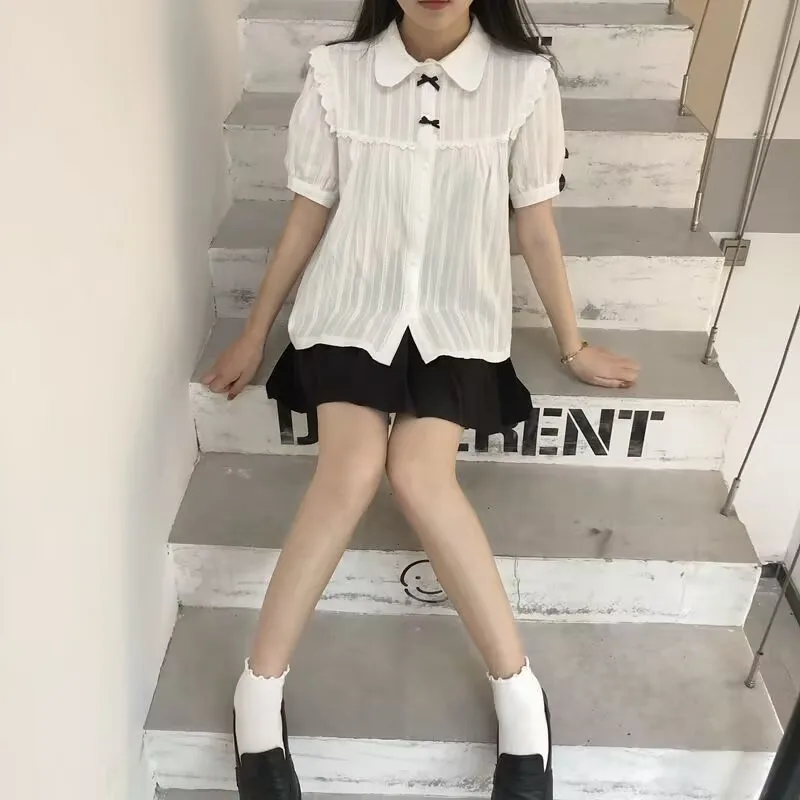 Kawaii Lace Blouse Lolita Korean Sweet Peter Pan Collar Shirts for Women Collar Short Sleeve Shirt Girl Summer Cute Top Mujer