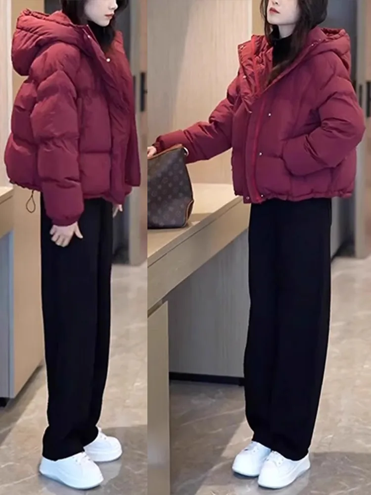 เสื้อโค้ทผู้หญิงทรงหลวม ผ้าฝ้ายผสมขนเป็ด สีแดงไวน์ สไตล์เกาหลี รุ่น Thiened แขนยาว ซิปปิด
