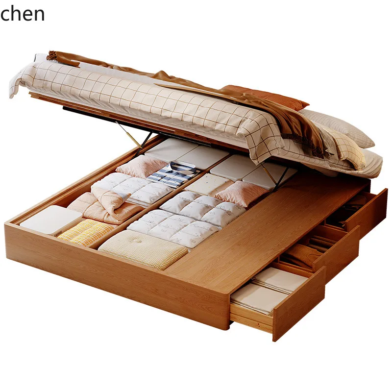 PYH Original Wood Style Mountain Thought High Box Storage Double Modern Simple Storage Three-Drawer Solid Wood Bed