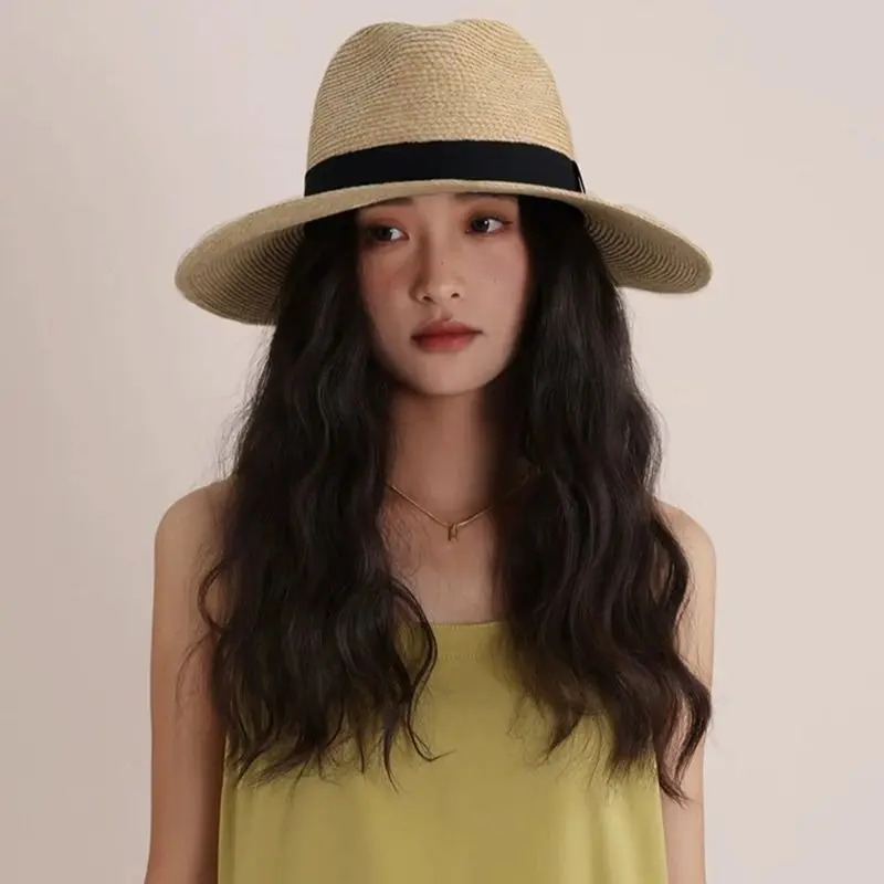 Luna&Dolphin Women Summer Large-brimmed Jazz Hat Sun Hat Hair Band Nature Color Seaside Vacation Sunscreen Beach Hat Panama Cap