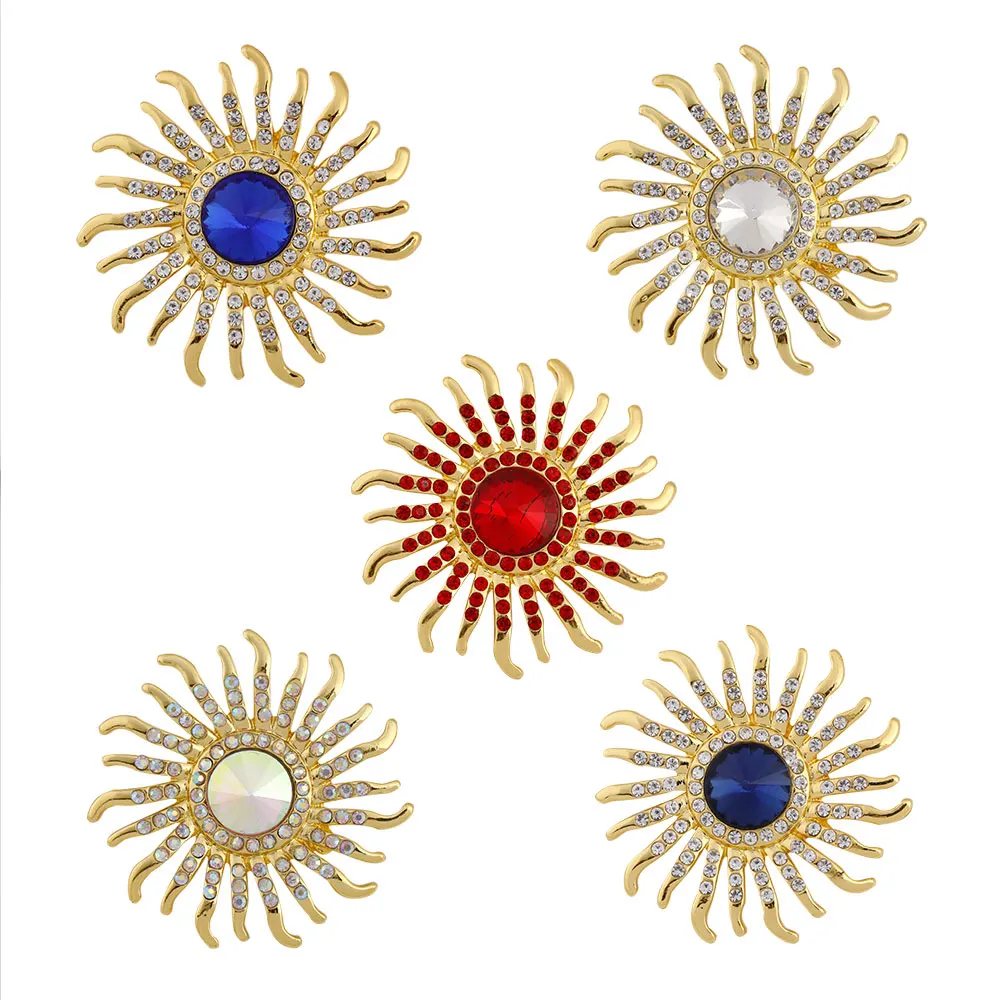 Pretty Dazzling Full Crystal Paved Sunshine Lapel Pins Glimmering Red White Blue Rhinestone Sun Brooches For Women