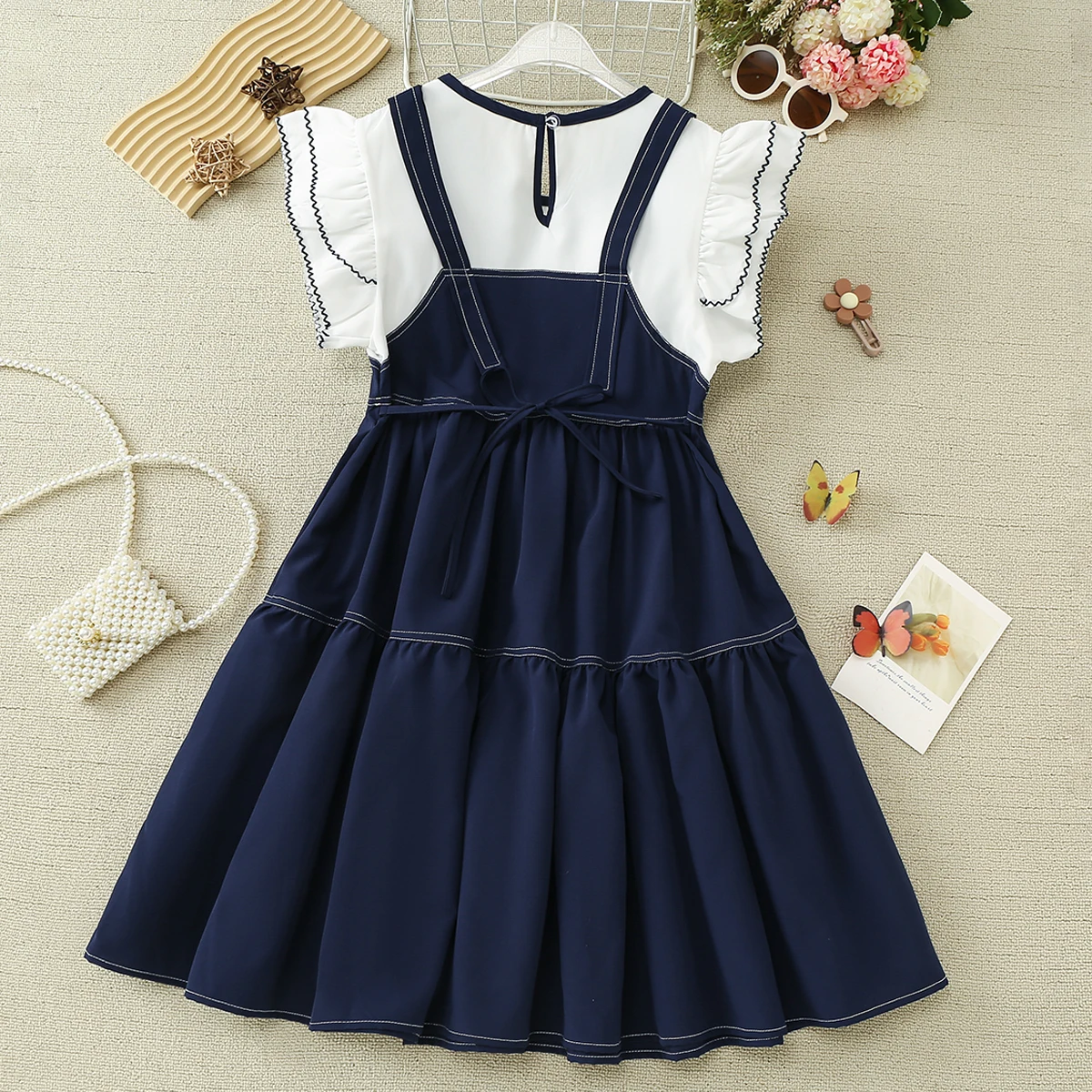 Baby Kids School Preppy Dresses for Girls Outfits Patchwork Dress Summer Short Sleeve Children Lolita Costumes 6 7 9 11 13 Years