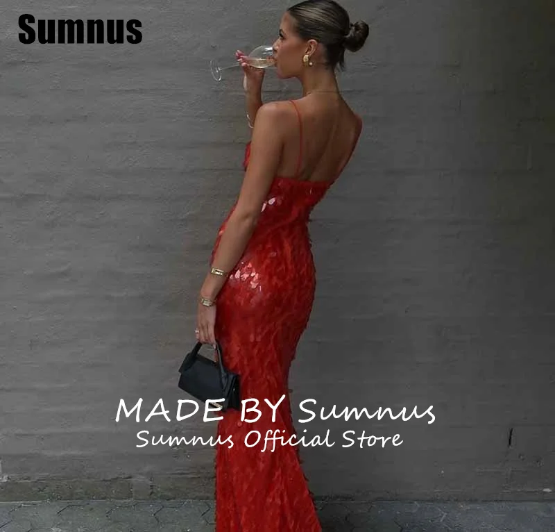 Sumnus Sexy Mermaid Red Evening Dresses Sequin Deep V-Neck Sleeveless Party Dresses Floor-Length Prom Dresses Customized