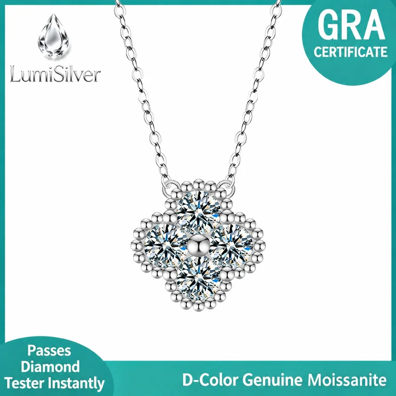 S925 Sterling Silver Four Leaf Clover Necklace with Moissanite Pendant Lockbone Chain Jewelry Lucky Charm Accessory
