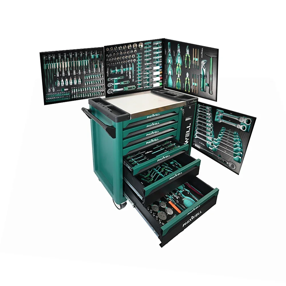 Lemari Alat Troli Alat Rol 7 Laci Besi Logam Tugas Berat dengan Alat Perbaikan Mekanik