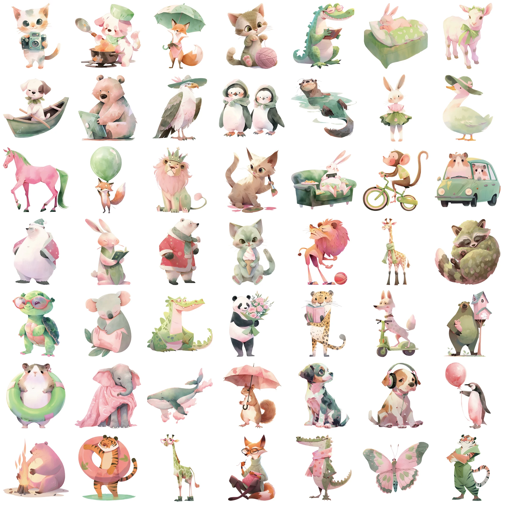 50Pcs Cute Pink Green Animals Stickers Cartoon Watercolor Animal Decals DIY Phone Laptop Luggage Skateboard Sticker Fun for Kids