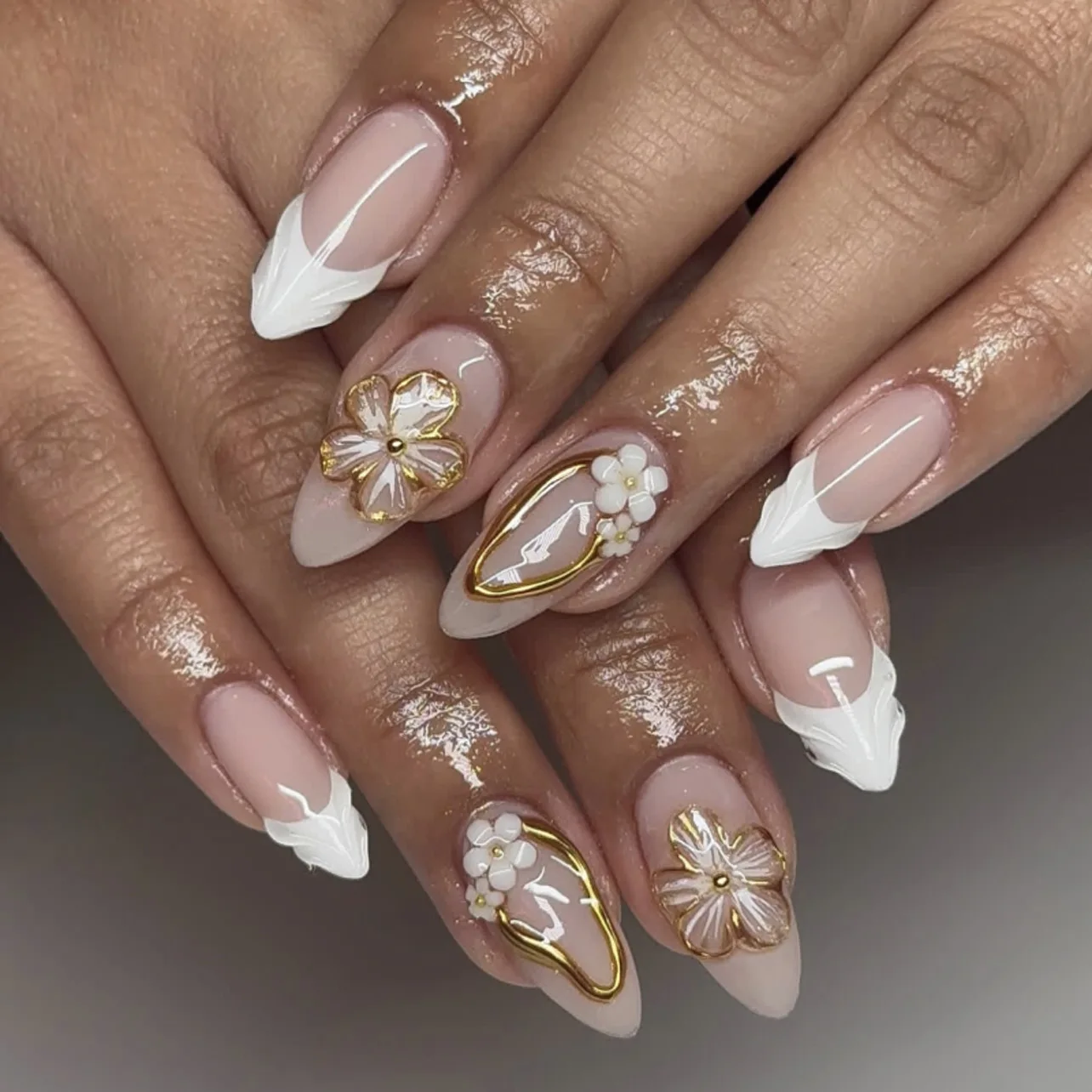 

3D Flower Design Short Almond French White Water Drop Nail Art