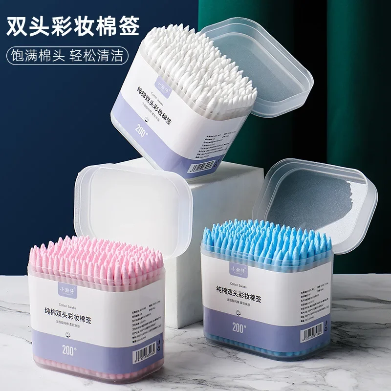 

200 Boxed Disposable Double Head Wood Cotton Swab Lipstick Ear Swab Cleaning Cotton Buds Makeup Sticks Cotton Swabs Tools