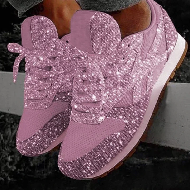 2024 Women Flat Glitter Sneakers Casual Bling Vulcanized Shoes Women Mesh Lace Up Platform Plus Size Fashion Outdoor Woman Shoes