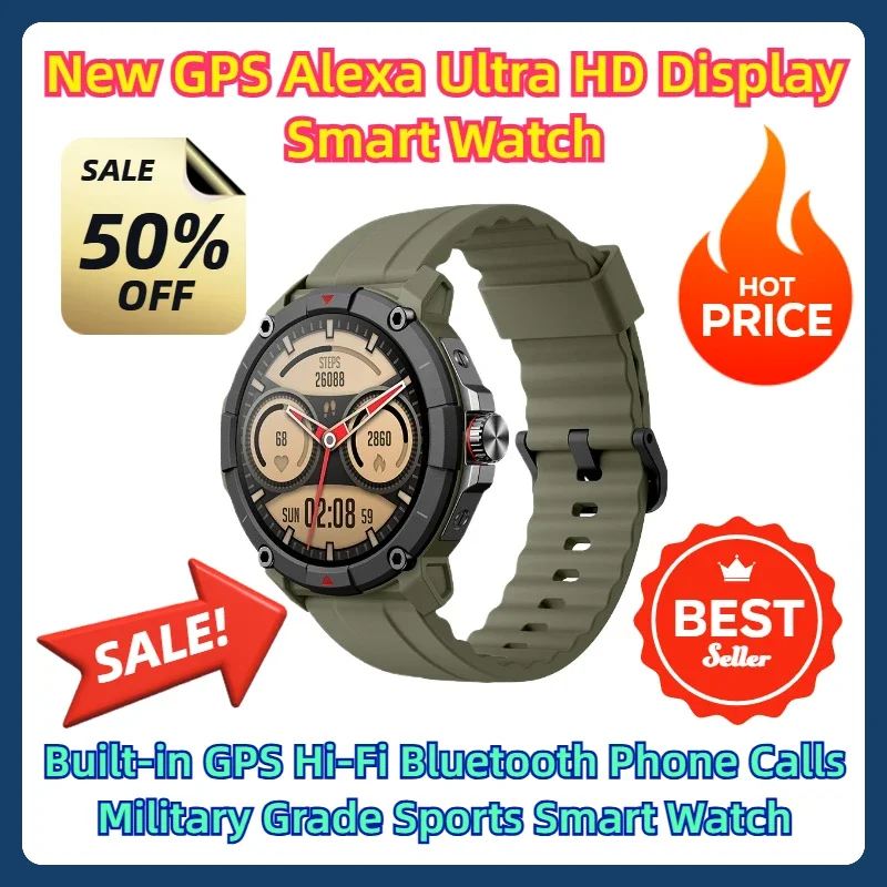 

New GPS Alexa Ultra HD Display Smart Watch Built-in GPS Hi-Fi Bluetooth Phone Calls Military Grade Sports Smart Watch