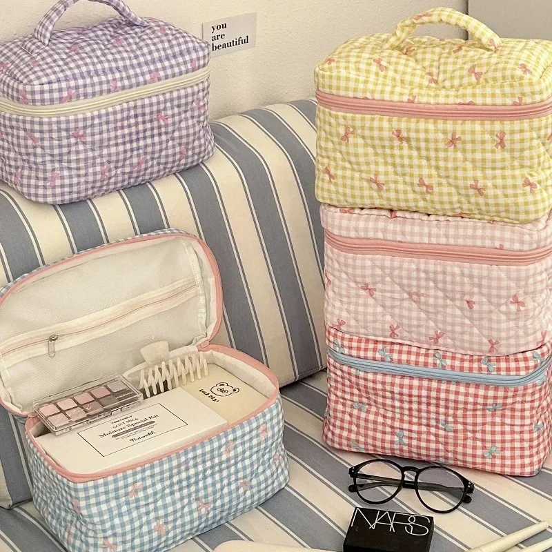 

Cute Bow Cotton Makeup Bag Women Zipper Cosmetic Organizer Female Cloth Handbag Box Shape Portable Toiletry Case for Girls