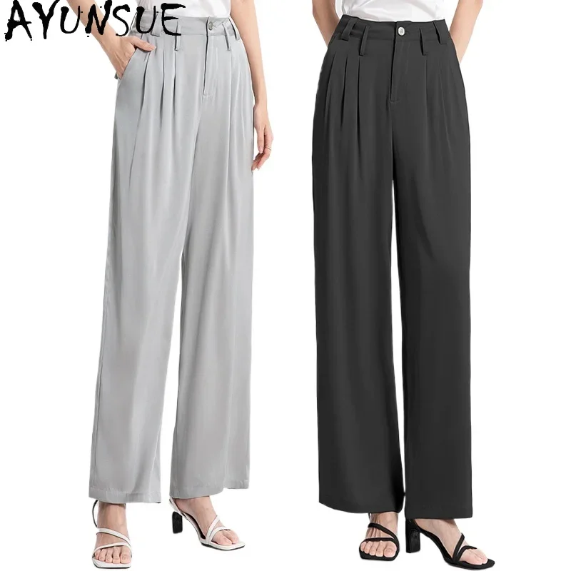 AYUNSUE 95% Mulberry Silk Women Pants Summer 2024 Korean Fashion Trousers Womens Wide Leg Baggy Pants Womans Clothing Pantalone