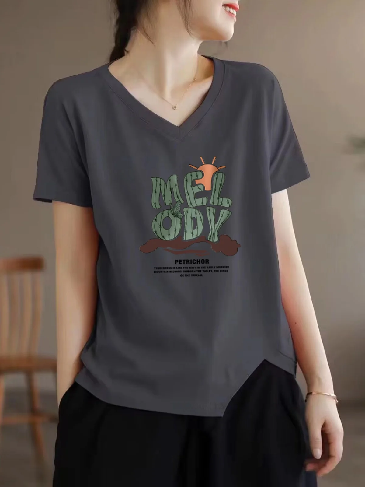 Off-Season V-Ne ort Sve Pure Cotton Women's Top Trendy ex Home Clothes Loose Fit Regular Length Summer New Sle