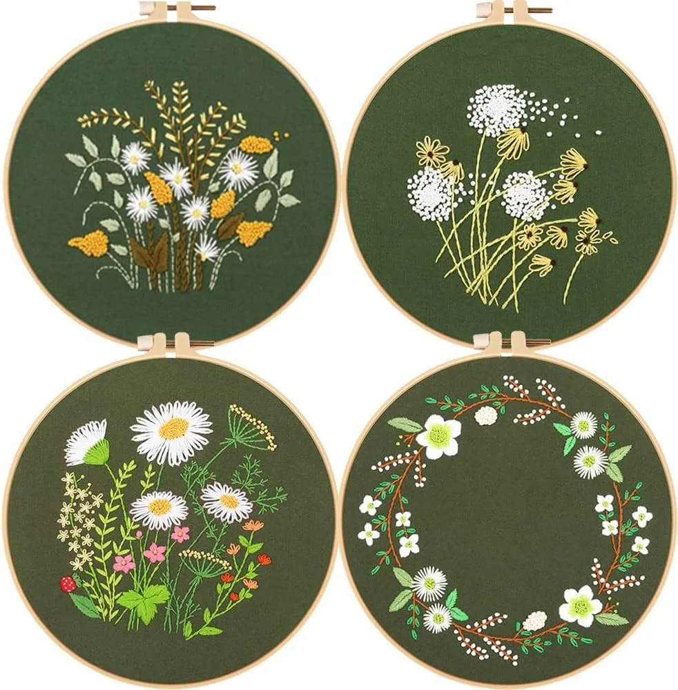 Embroidery Starter Kit for Beginners, Dandelion Pattern Cross Stitch Kits for Adults, Green Fabric with Hand Embroidery Kits