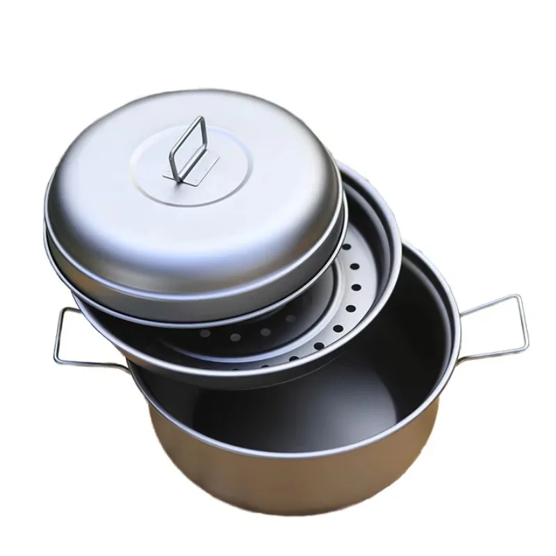 2100ml Outdoor Camping Titanium Alloy Cookware Set Portable Soup Pot Steamer Picnic Induction Cooker Compatible Mesh Bag