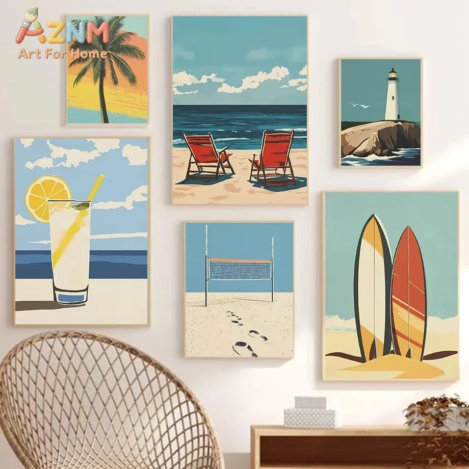 Minimalist Summer Beach Lighthouse Seagull Ocean Palm Tree Posters Print Canvas Painting Hammock Sunset Wall Art Home Room Decor