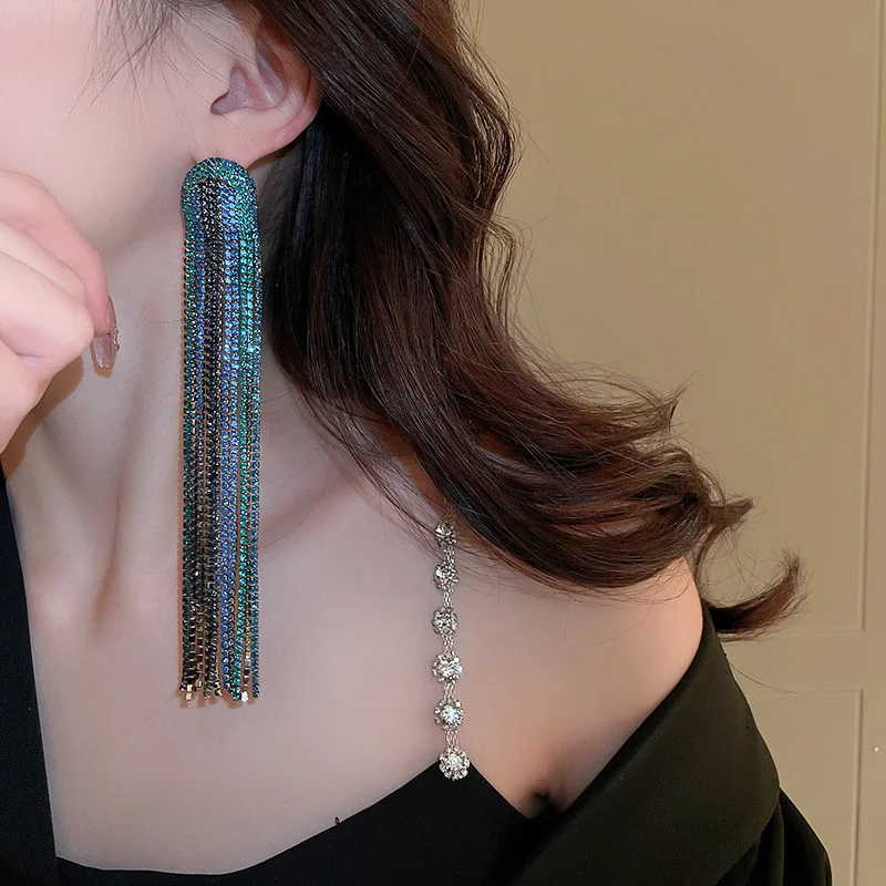 FYUAN Long Tassel Rhinestone Drop Earrings for Women Long Blue Crystal Dangle Earrings Fashion Jewelry Accessories