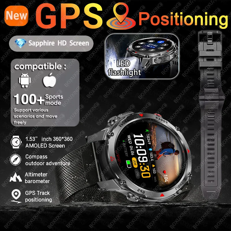 

2025 Новый GPS для HUAWEI Xiaomi 540 мАч AMOLED Смарт-часы Мужчины Спорт Фитнес Светодиодный фонарик 3ATM Водонепроницаемые BT Call Smartwatch