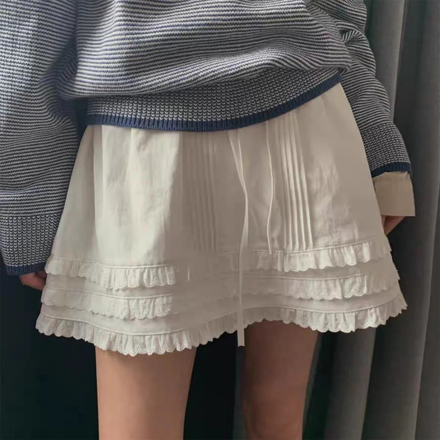 

Шикарная весенне-летняя короткая юбка А-силуэта с кружевной отделкой, завязками и завышенной талией, женская модная повседневная хлопковая юбка