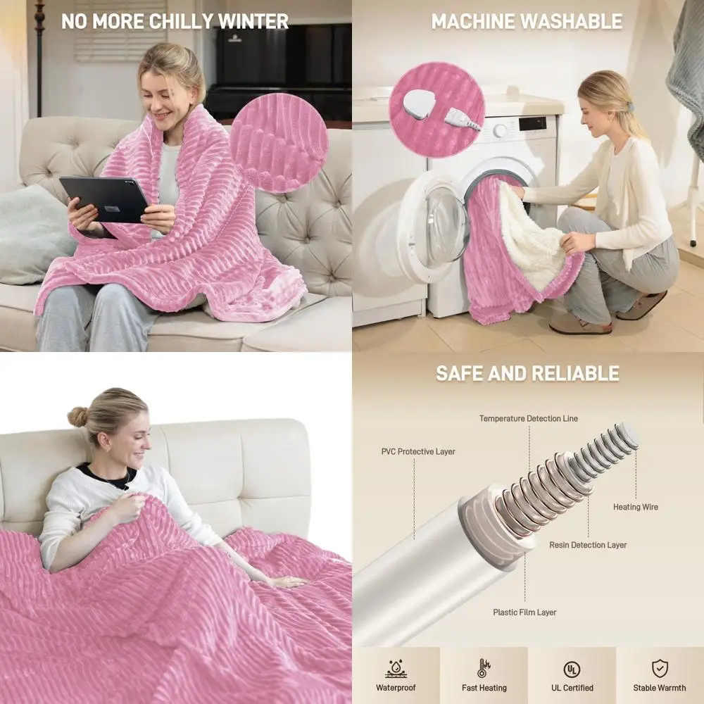 

King Size 100 x 90 Electric Flannel Blanket with 10 Timers, 6 Heat Levels, Machine Washable, Overheat Protection - Pink