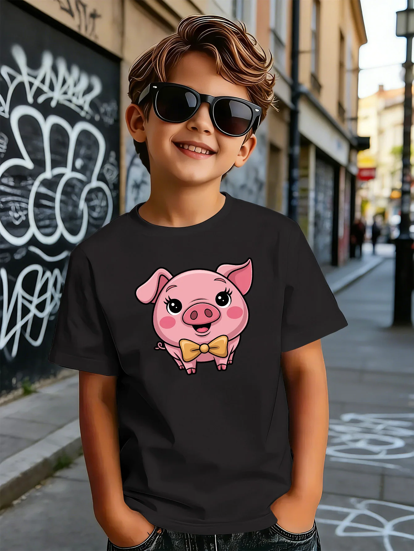 Cute Bow Tie Pink Pig Cartoon Animal Print Boys Girls Family Matching Cotton Short Sleeve Crew Neck Soft Summer Kids Casual Tees