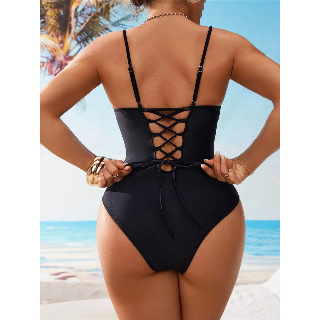 S - XL, V-Ausschnitt, Bauchformend, Damen-Badeanzug, einteiliger Badeanzug, Damen, mit Schnürung, hoher Beinausschnitt, gepolstert, Badebekleidung, Badeanzug, Modell V7547. – Detail 7