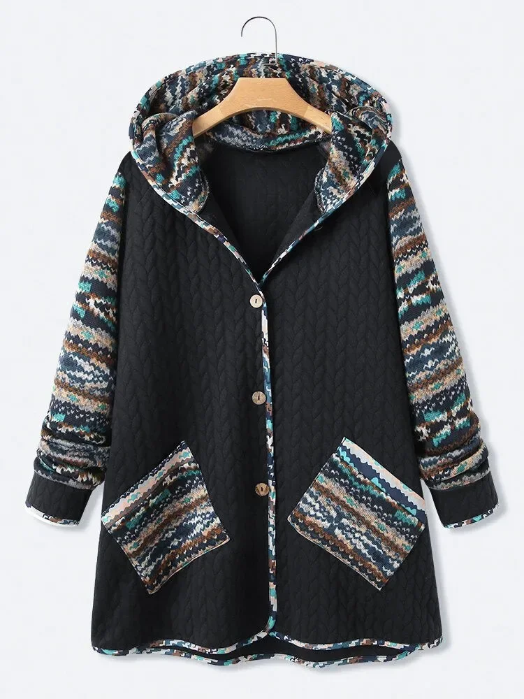 

Women's Ethnic Pattern Button Front Hooded Jacket, Casual Long Sleeve Pocket Outerwear For Fall And Winter, Ladies Coat