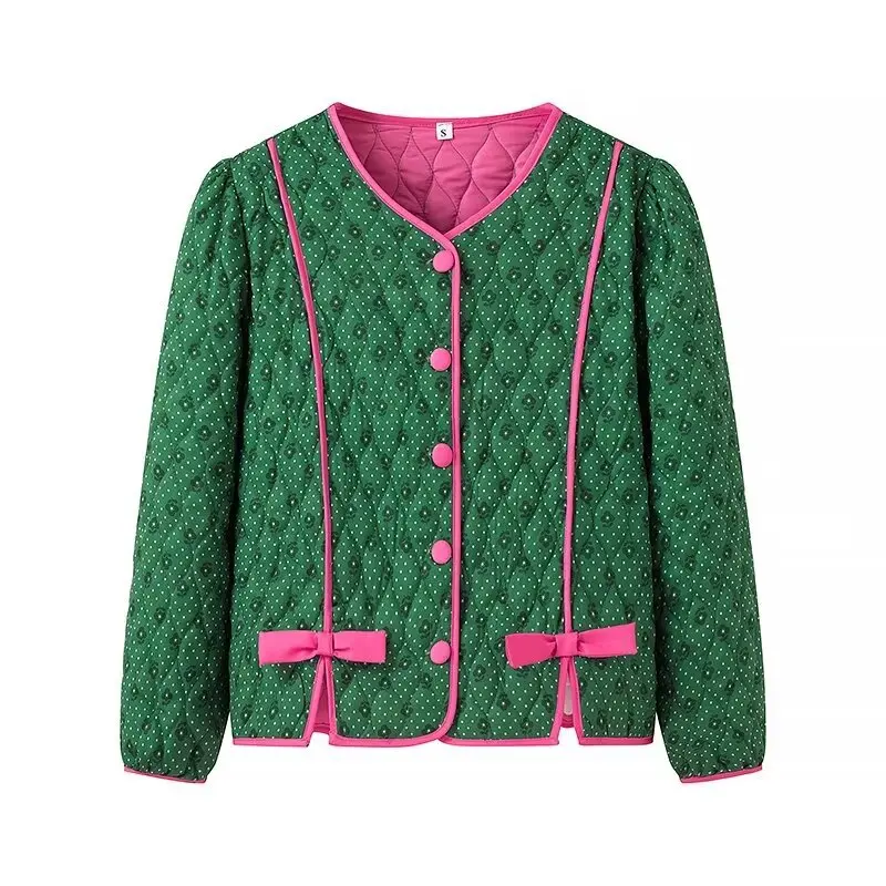 

Jyate 2024 Streetwear Style Autumn Women's Jacket New Green Bow Cherry Blossom Cotton Coat Loose Long Sleeve O-neck Cardigan