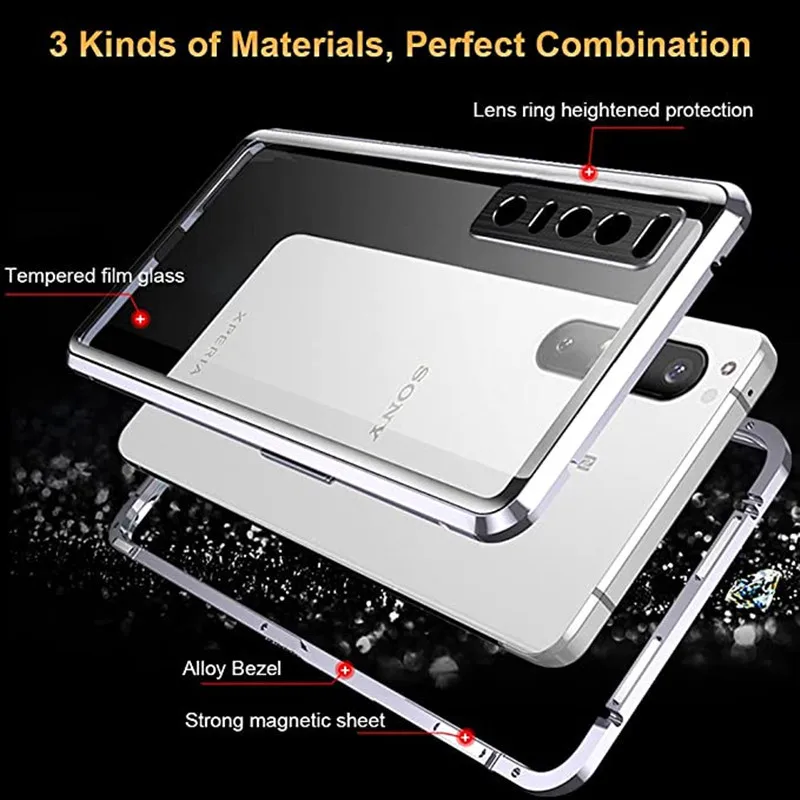 Magnetic Adsorption Case for Sony Xperia 1 IV 10 IV Aluminum Metal Bumper Double-Sided Glass Phone Cover for Xperia Pro I 5 III