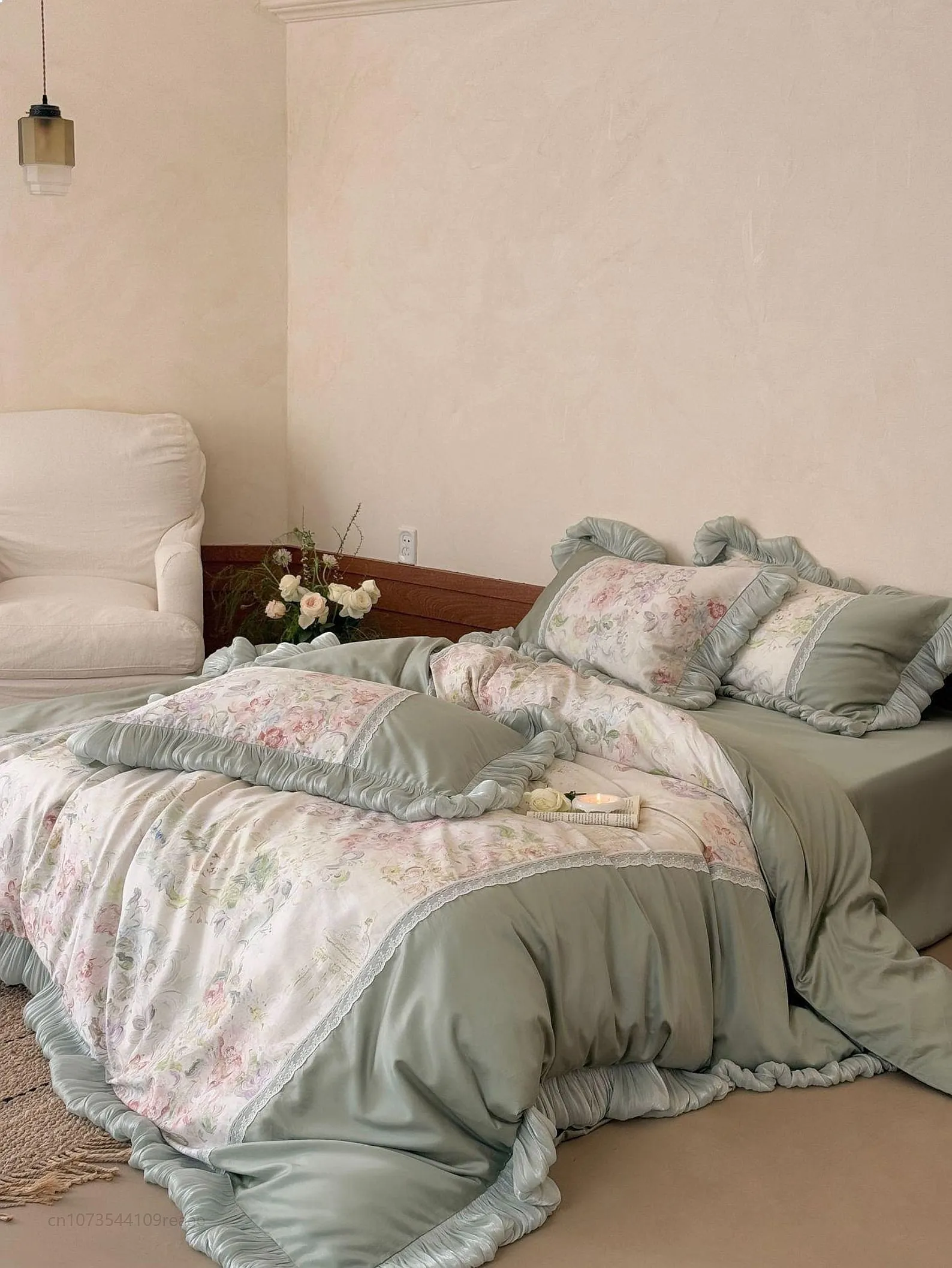French Oil Painting Floral Cotton Duvet Cover Only Long Staple Lace Bedding