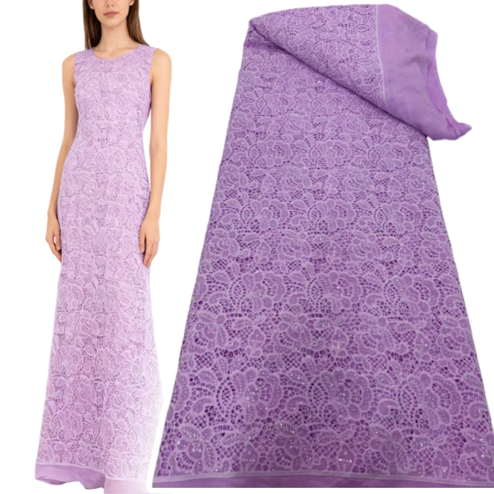 

5Yards Nigerian Guipure Cotton Beads Lace Fabric 2025 High Quality Sequins African Milk Silk Embroidery Lace Fabric Women 1794