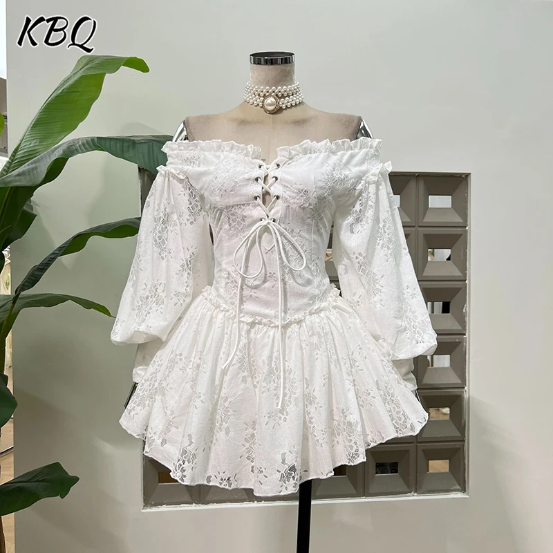 

KBQ solid spliced lace slimming a ling dresses for women slash neck off the shoulder sleeve high waist temperament dress female