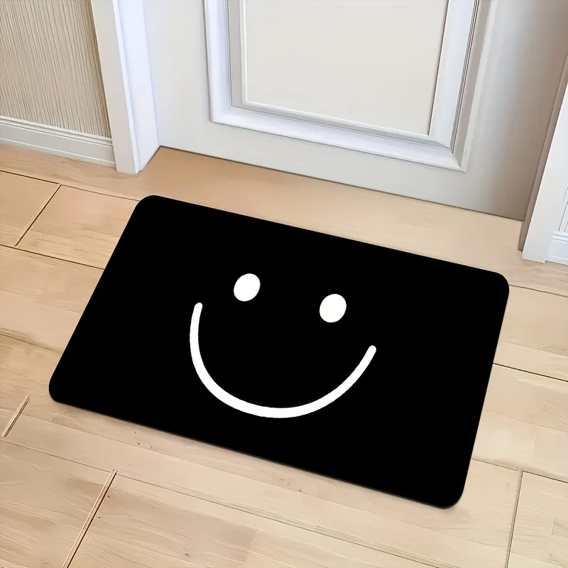 Paillasson minimaliste imprimé visage souriant noir et blanc, antidérapant, lavable, tapis d'entrée, tapis de sol de salle de bain, décoration de la maison