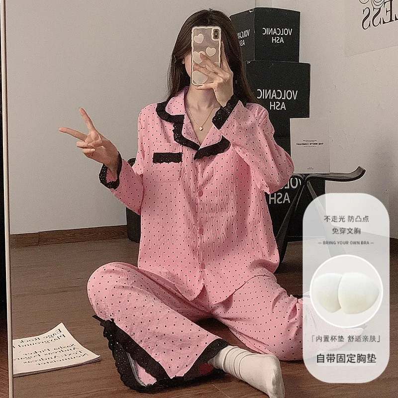 Teenager Frühling Herbst Spitzen-Pyjama für Frauen und Mädchen mit Gepolsterter Brust, Langarmhose, Locker Sitzend, Bequeme Loungewear, Weiche Hauskleidung für Damen
